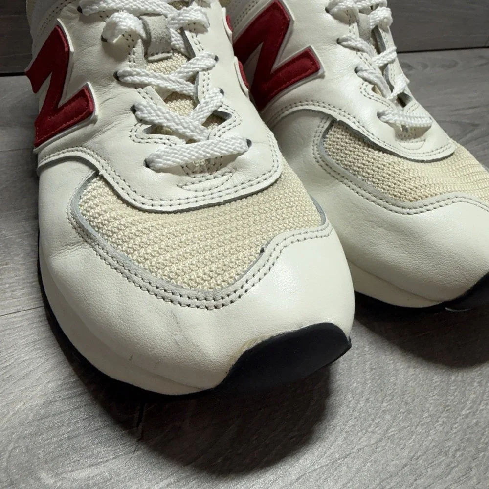 New Balance 574 Sea Salt Navy White Red Leather Shoes Sneakers Men's Size 10.5 D